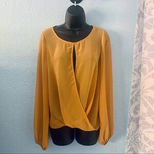 Bebe Mustard Semi Sheer Surplice Blouse Size Small